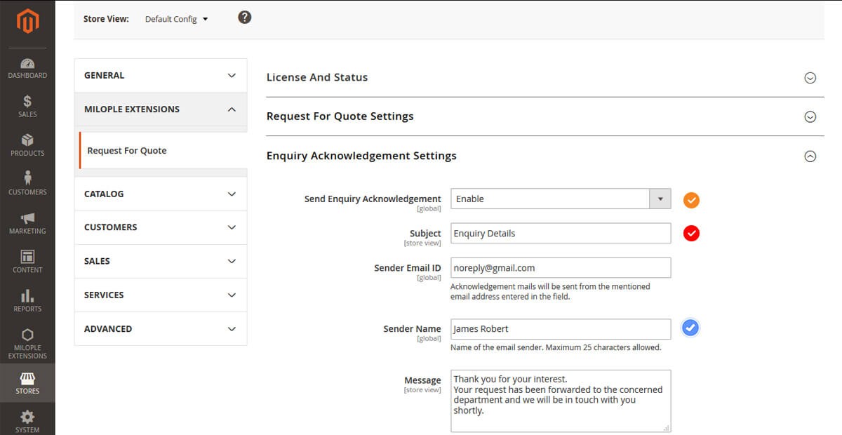 Enquiry Acknowledgement Settings in Magento 2 Request for Quote extension